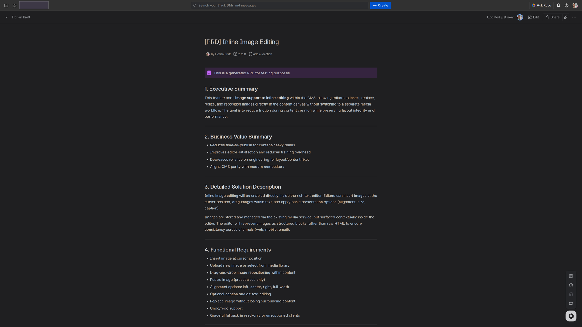 A screenshot of a generated PRD